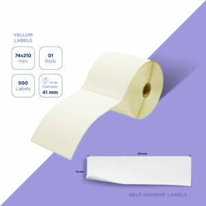 Etiquettes vierges 74x210mm papier blanc mat en vélin diamètre mandrin 41 Vendues par 1 rouleau. 500 étiquettes par rouleau. Compatible avec les imprimantes thermiques.