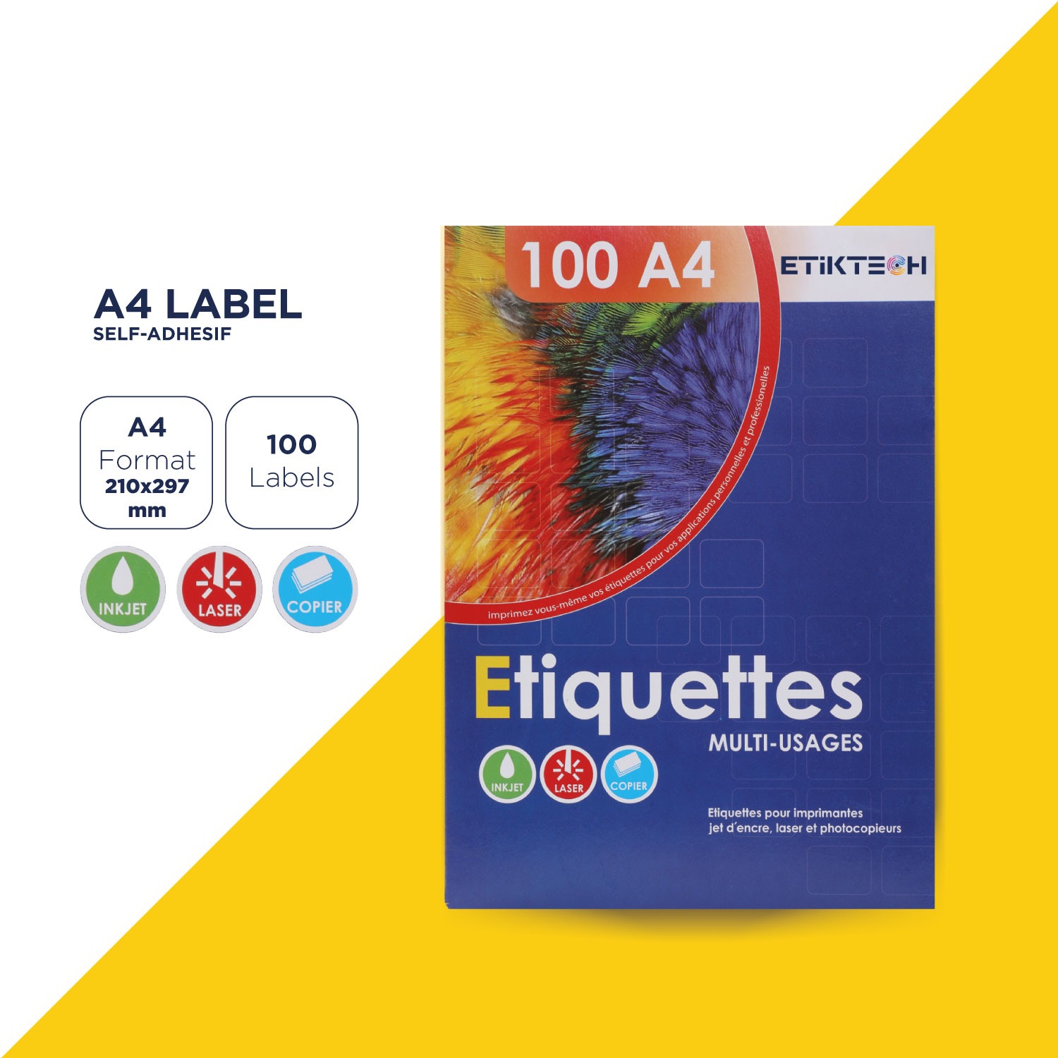 Lot De 100 Feuilles D'étiquettes Autocollantes Blanches A4 - 70 G/m², Mat - Pour Imprimante Jet D'encre Et Laser