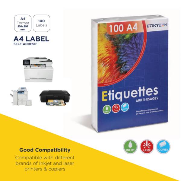 Feuilles autocollantes A4 210x297mm de 100 étiquettes. Compatibles avec les imprimantes jet encre, laser et photocopieur. Garantie sans bourrage. – Image 4