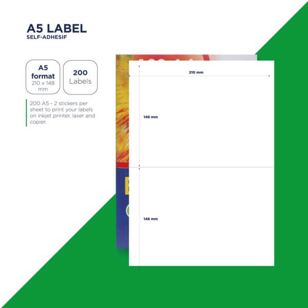 Lot de 100 feuilles A4 pour imprimantes laser, jet d’encre et photocopieur. 2 étiquettes autocollantes 210x148 mm par feuille. Garantie sans bourrage. – Image 2