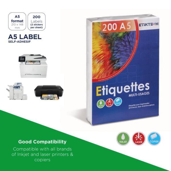Lot de 100 feuilles A4 pour imprimantes laser, jet d’encre et photocopieur. 2 étiquettes autocollantes 210x148 mm par feuille. Garantie sans bourrage. – Image 4