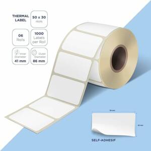 Lot de 6 rouleaux étiquettes thermiques vierges, 50x30 mm, diamètre mandrin 41 mm. 1000 étiquettes par rouleau. Compatible avec les imprimantes thermiques.