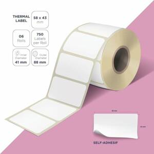 Lot de 6 rouleaux étiquettes thermiques vierges 58x43 mm diamètre mandrin 41 mm. 750 étiquettes par rouleau. Compatible avec les imprimantes thermiques.