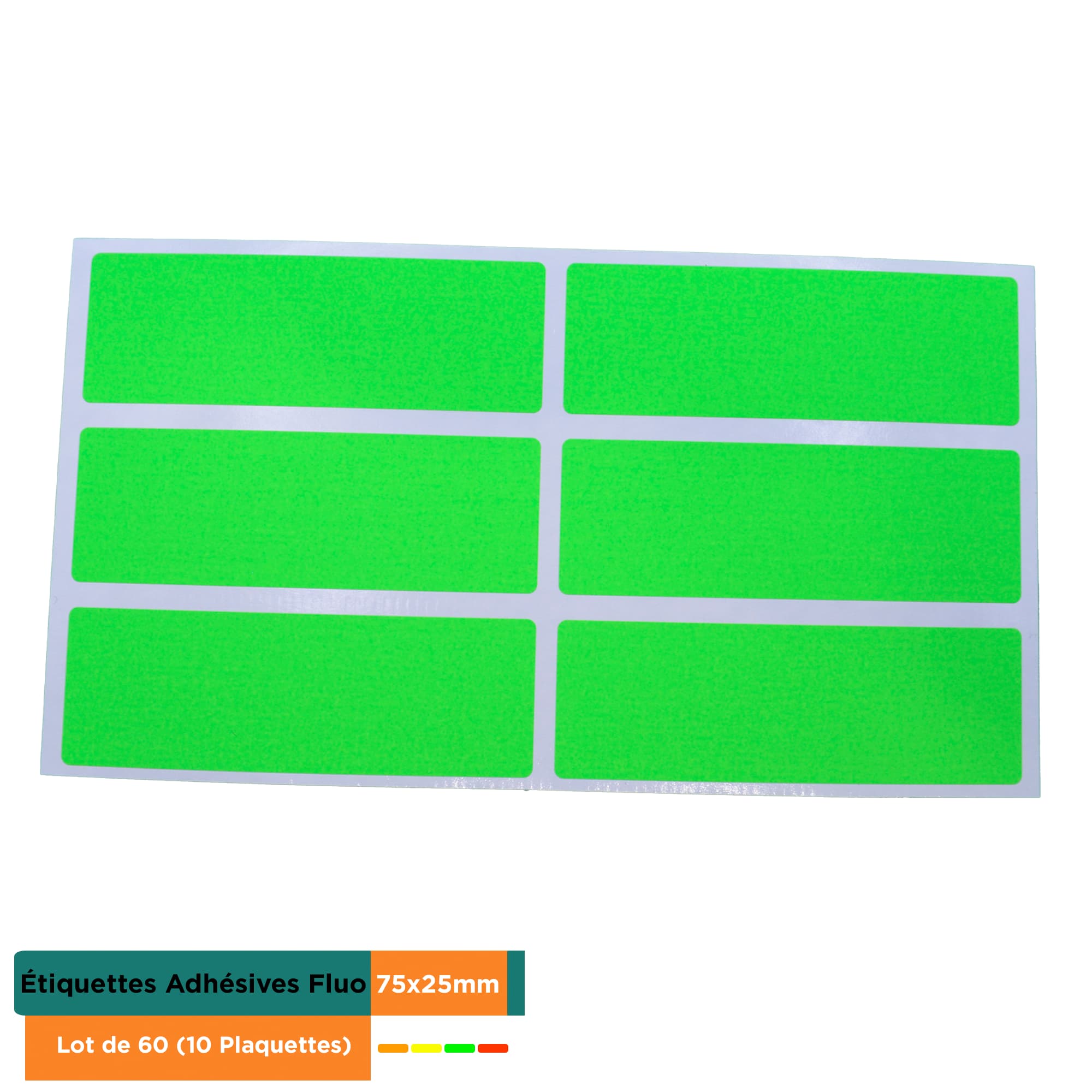Etiquettes Adhésives Fluo 75x25mm – Lot de 60 (10 Plaquettes) – 4 Couleurs Fluorescentes (Rouge, Jaune, Orange, Vert) - Image 2