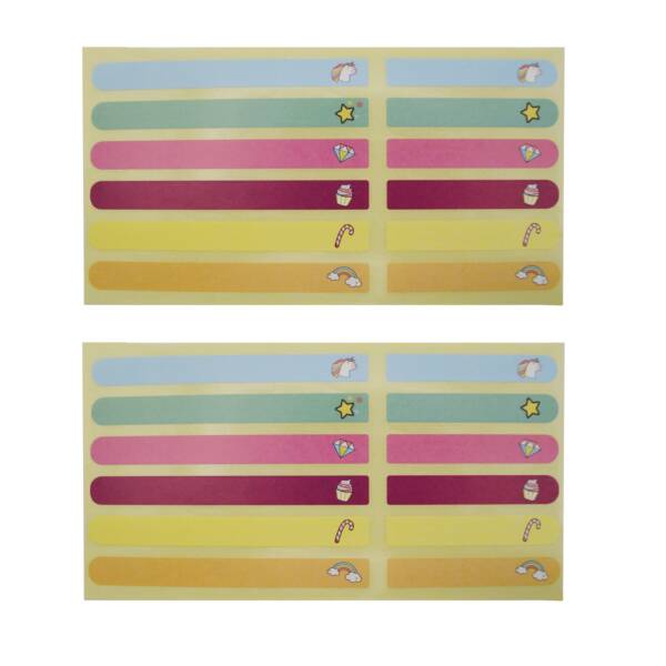 Pack Étiquettes Scolaires “Bambin 2” – 2 Plaquettes Papier Brillant – 98x10 mm et 60x10 mm – 24 Étiquettes