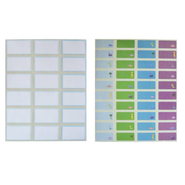 Pack Étiquettes Scolaires “Dinosaures” – 2 Plaquettes Papier Brillant – 32x22 mm et 25x12 mm – 58 Étiquettes au total