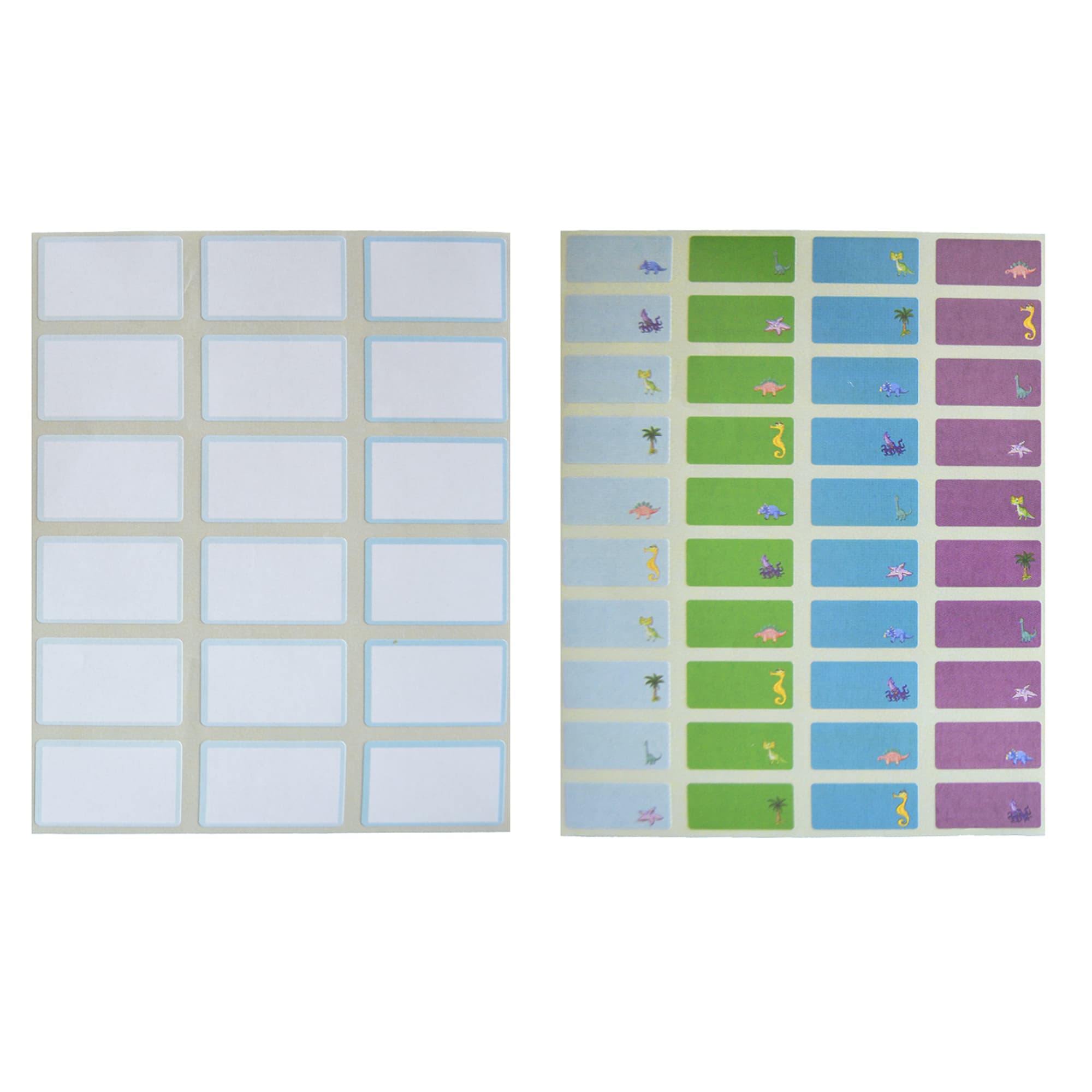 Pack Étiquettes Scolaires “Dinosaures” – 2 Plaquettes Papier Brillant – 32x22 mm et 25x12 mm – 58 Étiquettes au total