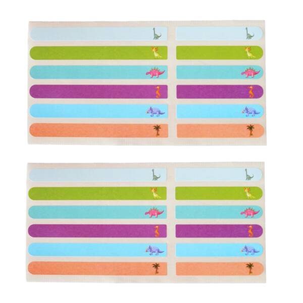 Pack Étiquettes Scolaires “Dinosaures 2” – 2 Plaquettes Papier Brillant – 24 Étiquettes au total – 98x10 mm et 60x10 mm